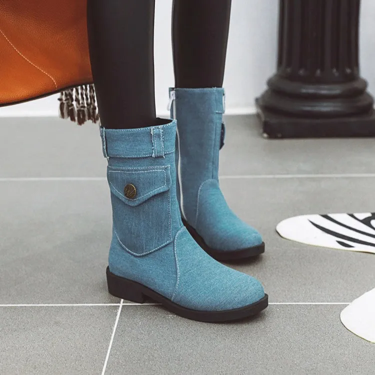 Women's  Denim Low Heel Mid Calf Boots