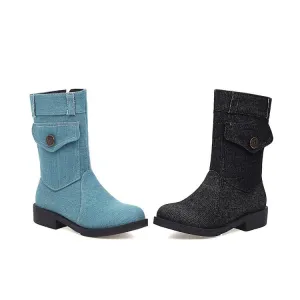 Women's  Denim Low Heel Mid Calf Boots