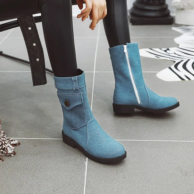 Women's  Denim Low Heel Mid Calf Boots