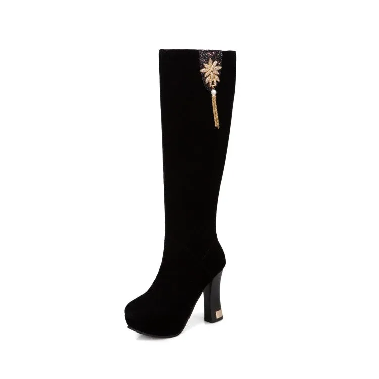 Women's Flock Rhinestone Tassel Side Zippers Spool Heel Platform Knee High Boots