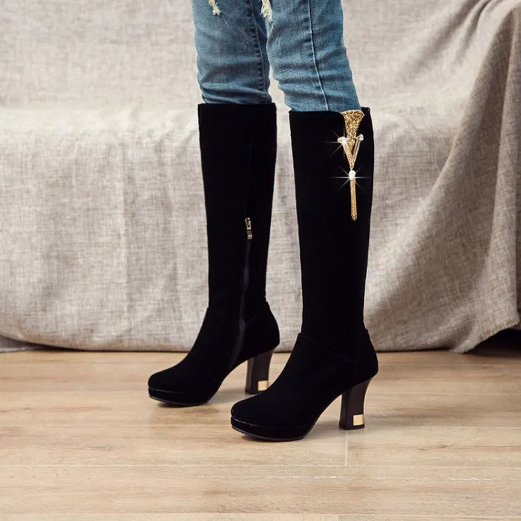 Women's Flock Rhinestone Tassel Spool Heel Platform Knee High Boots