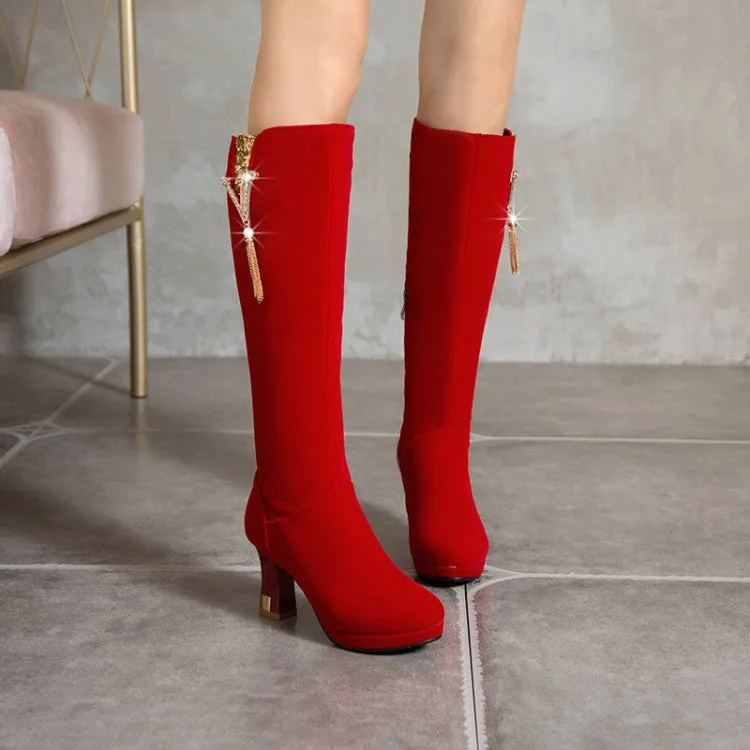 Women's Flock Rhinestone Tassel Spool Heel Platform Knee High Boots