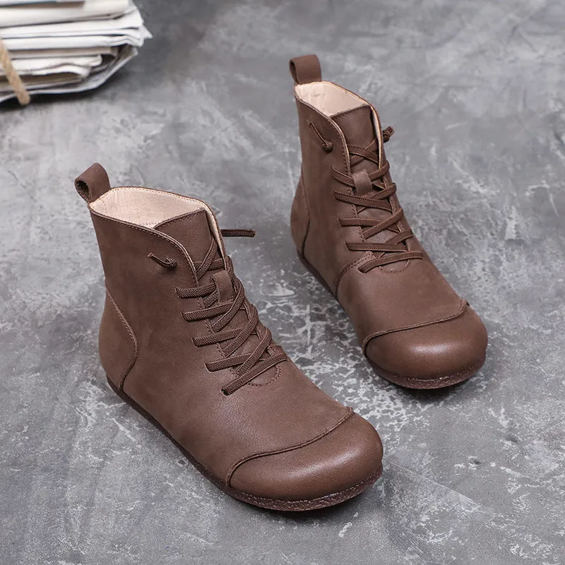 Womens Handmade Retro Color Matching Leather Flat Boots