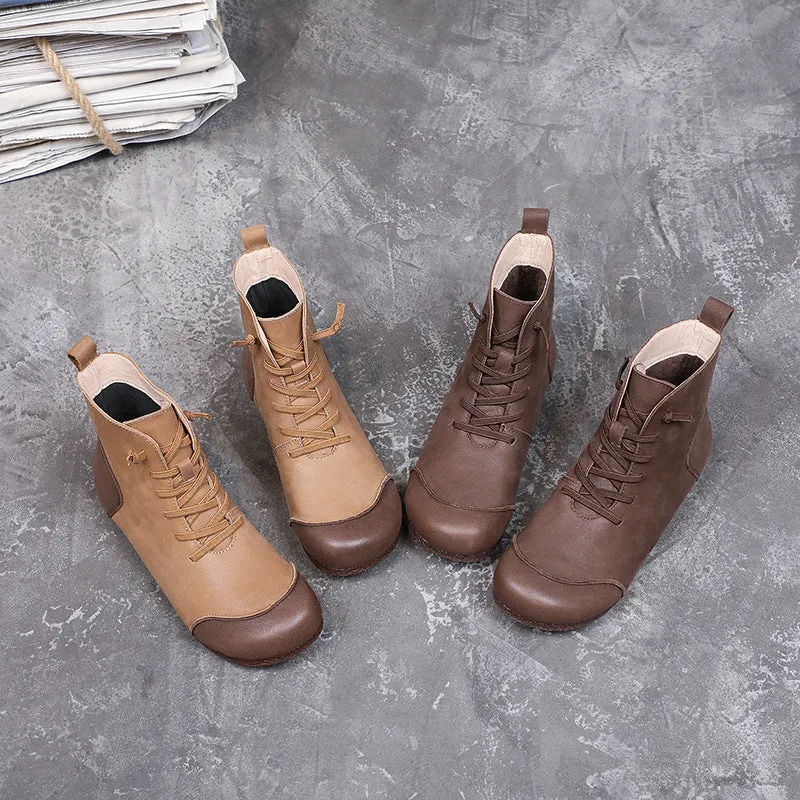 Womens Handmade Retro Color Matching Leather Flat Boots