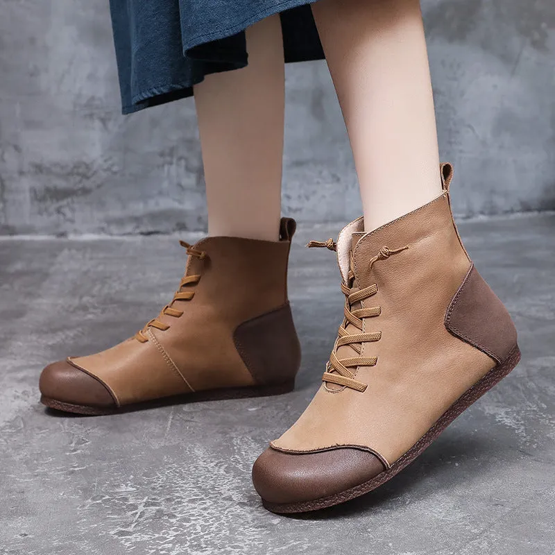 Womens Handmade Retro Color Matching Leather Flat Boots