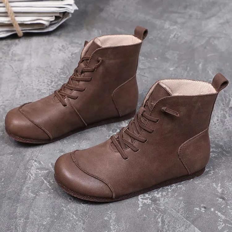 Womens Handmade Retro Color Matching Leather Flat Boots