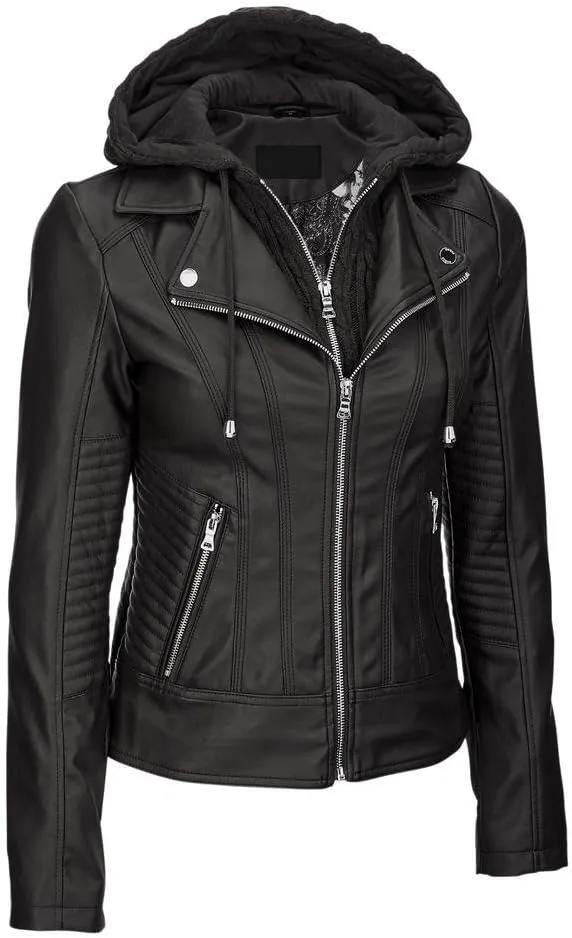 Women’s Leather Biker Jacket with Detachable Hood WJ067