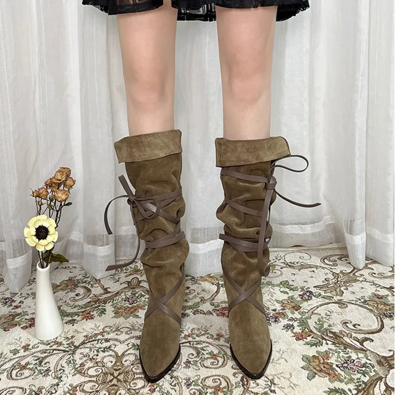 Womens Leather Mid Calf Western Boots In Black/Khaki/Brown/Tan - Slouchy Suede Boots Point Toe