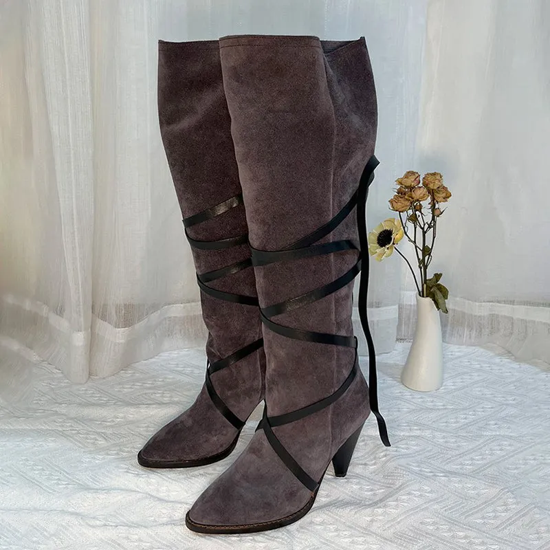 Womens Leather Mid Calf Western Boots In Black/Khaki/Brown/Tan - Slouchy Suede Boots Point Toe