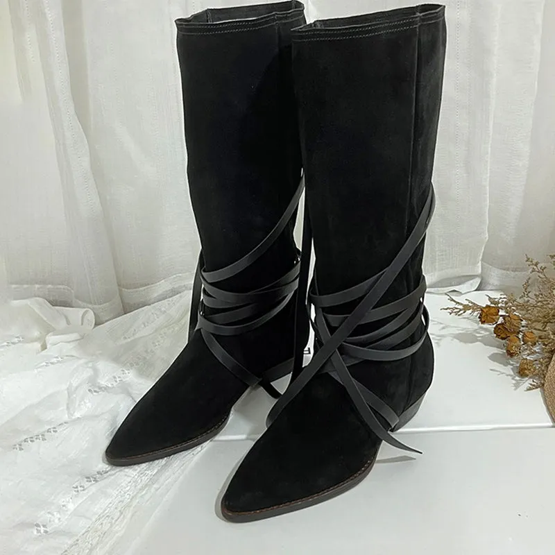 Womens Leather Mid Calf Western Boots In Black/Khaki/Brown/Tan - Slouchy Suede Boots Point Toe