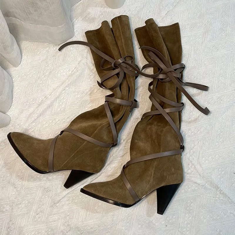 Womens Leather Mid Calf Western Boots In Black/Khaki/Brown/Tan - Slouchy Suede Boots Point Toe