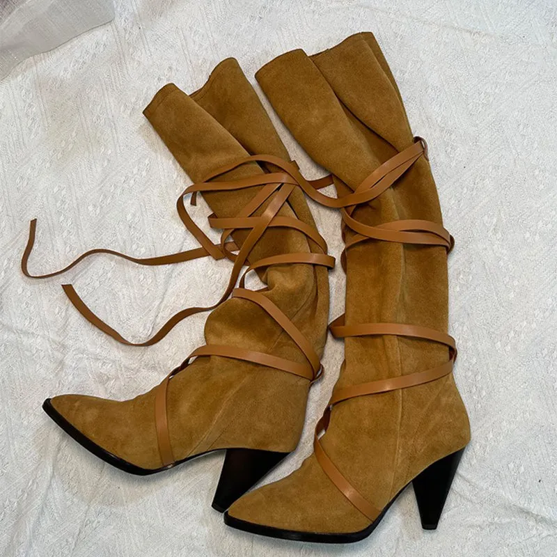 Womens Leather Mid Calf Western Boots In Black/Khaki/Brown/Tan - Slouchy Suede Boots Point Toe