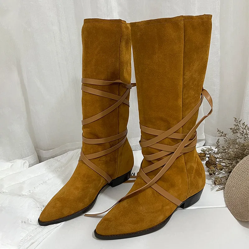 Womens Leather Mid Calf Western Boots In Black/Khaki/Brown/Tan - Slouchy Suede Boots Point Toe