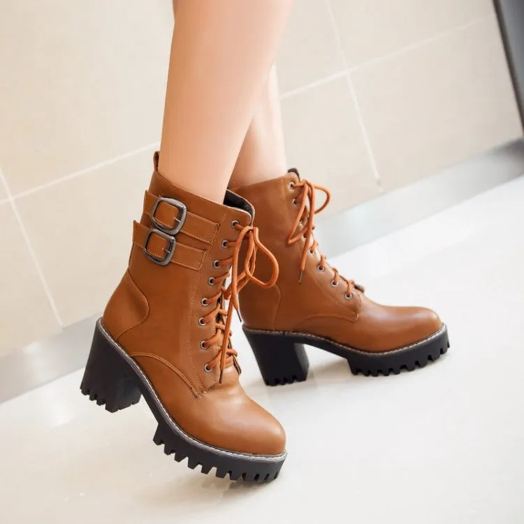 Women's Pu Leather Almond Toe Lace Up Buckle Straps Block Heel Platform Ankle Boots