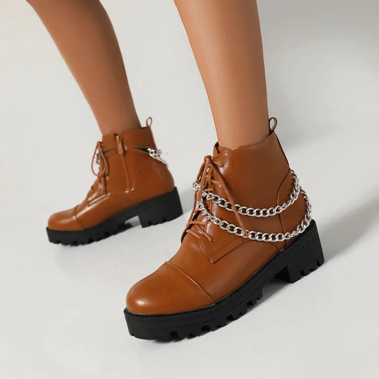 Women's Pu Leather Round Toe Lace Up Side Zippers Metal Chains Block Chunky Heel Platform Short Boots