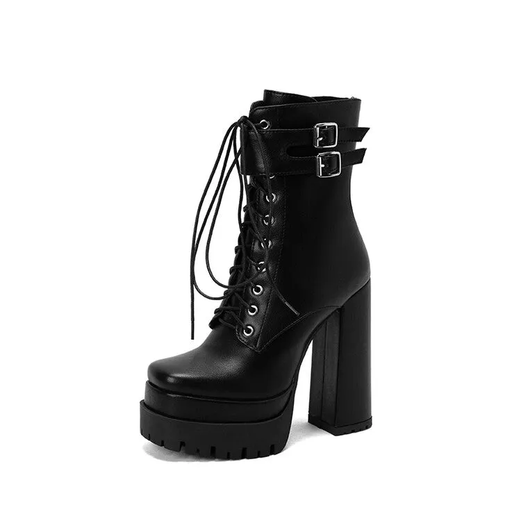 Women's Square Toe Lace Up Belts Buckles Block Heel Platform Short Boots