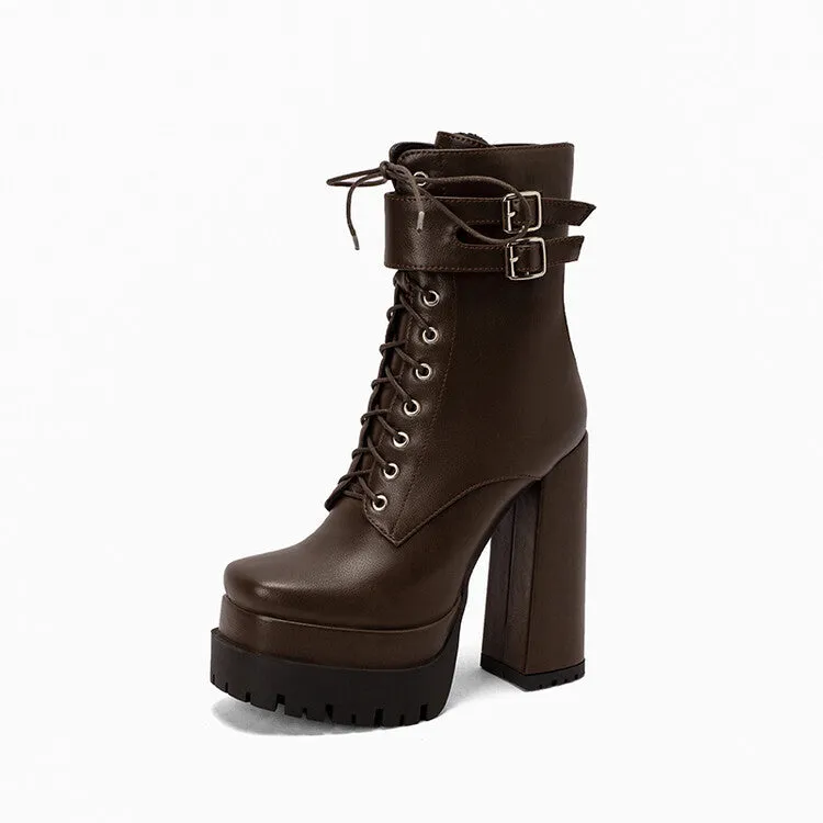 Women's Square Toe Lace Up Belts Buckles Block Heel Platform Short Boots