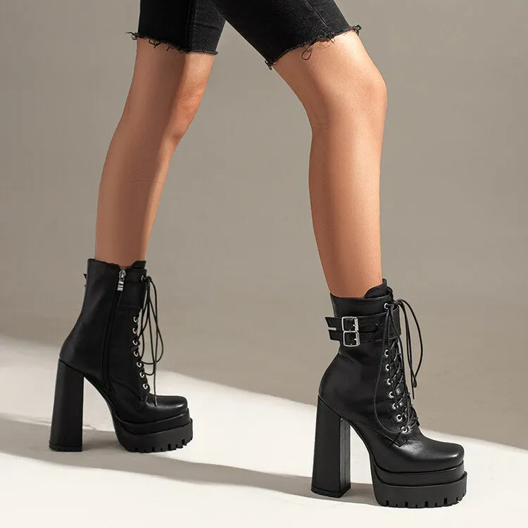 Women's Square Toe Lace Up Belts Buckles Block Heel Platform Short Boots