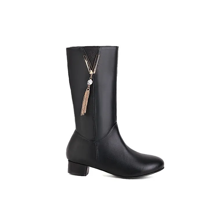 Women's  Tassel Low Heel Mid Calf Boots