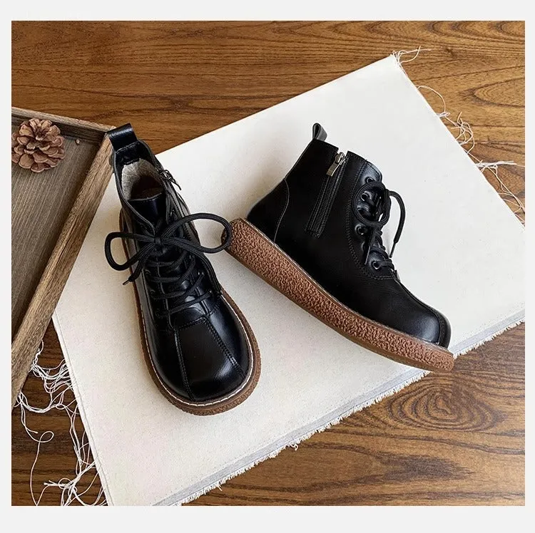 Women's Wide Toe Box Lace-up Casual Flat Zipper Boots